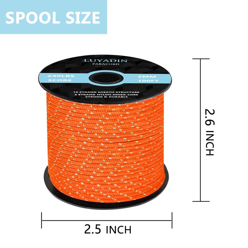 LUYADIN Reflective Paracord 240lb - Diameter 2mm Micro Utility Cord -3 Strand Parachute Spool Cord - 100ft 200ft,Paracord for Camping,Hiking,Fishing,Outdoor and DIY - Image 2